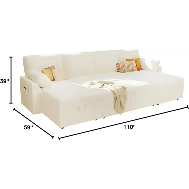 Oversize secional sofá-cama, armazenamento duplo chaise para sala de estar, sofá branco, puxe a cama, 2 em 1, 110 em