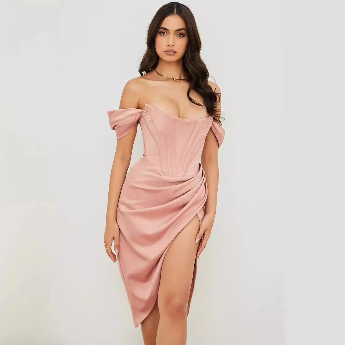 Sexy split pure kleur riem Dr dames hoge taille asymmetrische rok ort Sve One oulder Busin Casual Dr