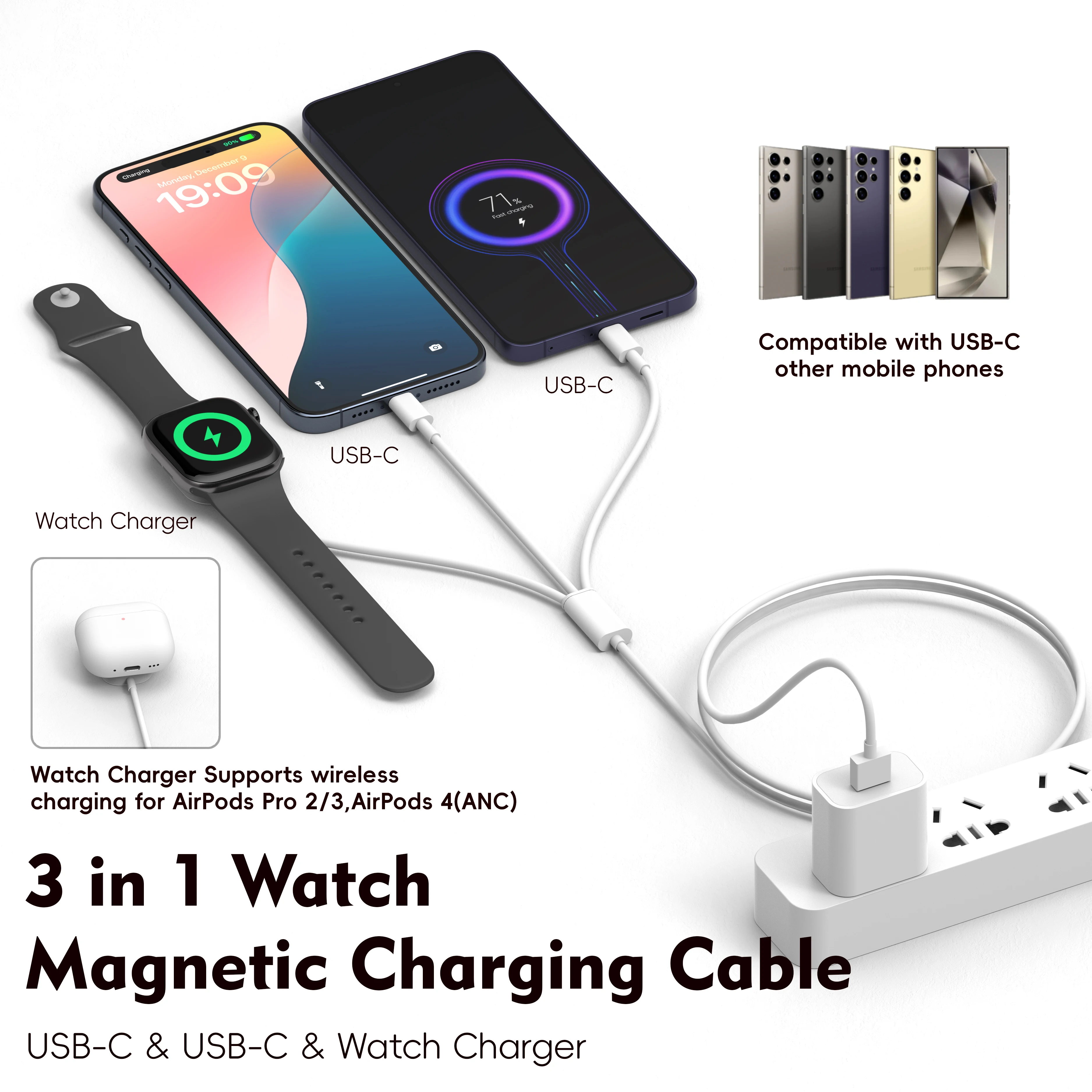 3 in 1 Charging Cable USB-C Phone Charging Adapter with Magnetic Wireless Charger for iWatch 1-11 Series, Portable Travel Dock