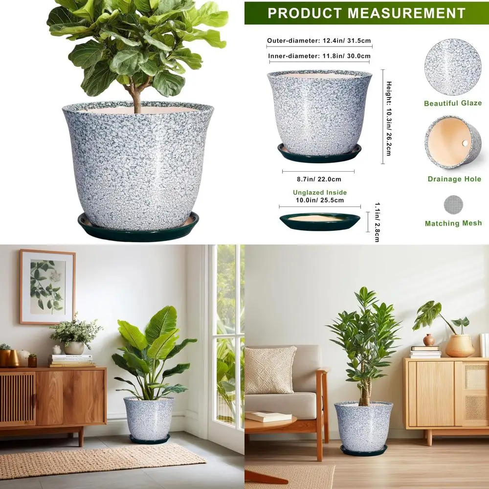 

12 Inch Round Ceramic Plant Pot with Drainage and Saucer, Suitable for Indoor and Outdoor Use, Modern Decorative Flower Planter,
