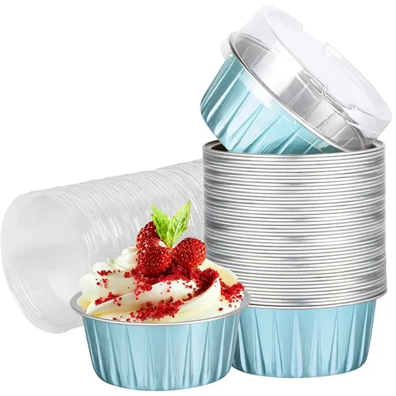 50 Stück Folien Ramekins Cupcake Backförmchen Halter Hüllen mit Deckel, Aluminiumfolie Cupcake Liner, Muffin Liner Tassen mit Deckel