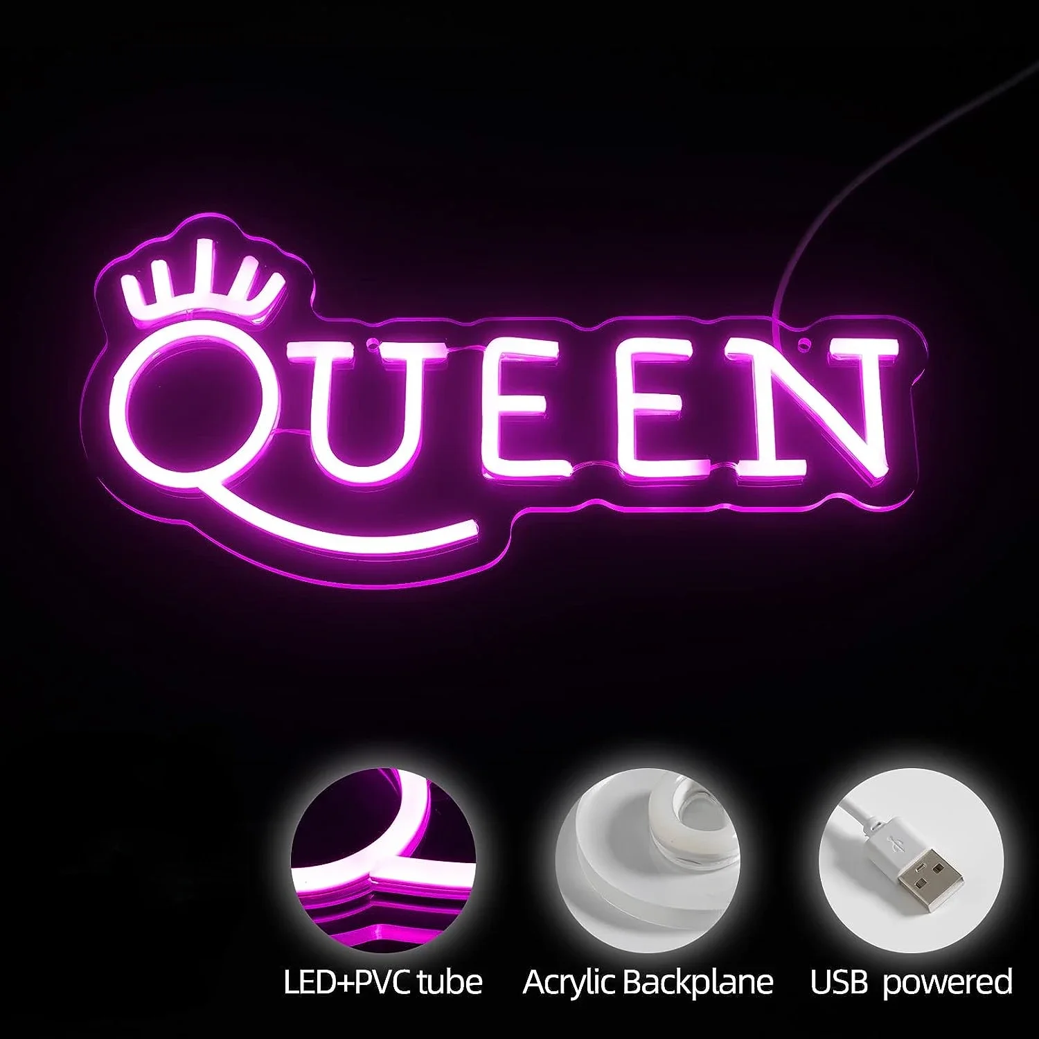Crown Queen LED Neon Light Letter Pink Neon Lights Wall Decor for Bedroom Shop Apartment Dorm Birthday Party Wedding Gift