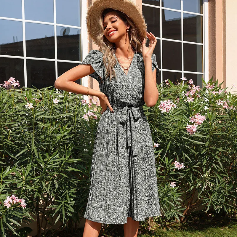 

Flare Sleeve Women Summer A-line Pregnancy Dress Casual V-neck Sashes Elegant Mujer Vestido Fashion Premama Midi Pleated Dresses