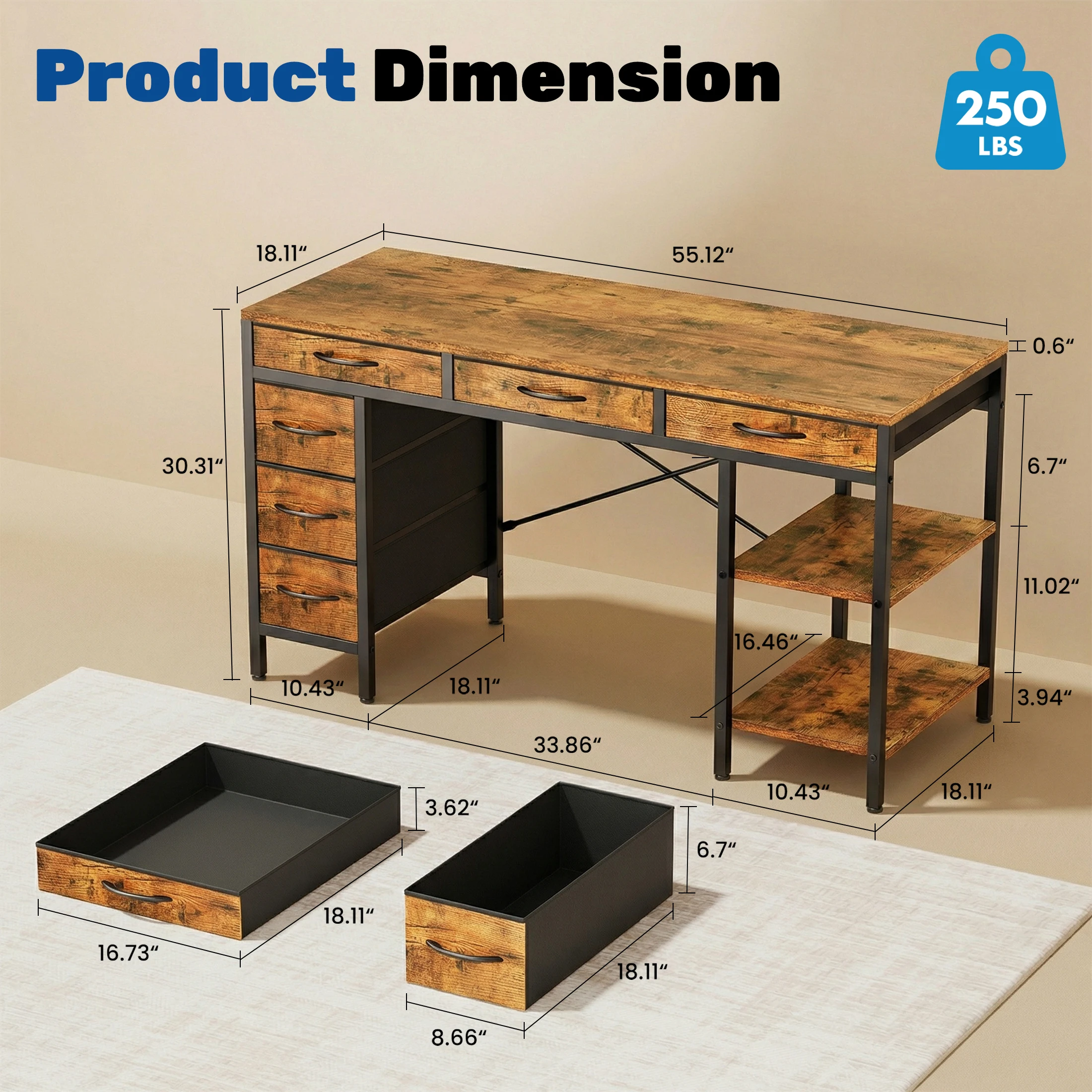 MCQ 55 Inch Office Computer Desk With 6 Fabric Drawers Standing Ergonomic Gaming Desk With Storage Shelves Reversible Gaming Desk For Home Office Small Space