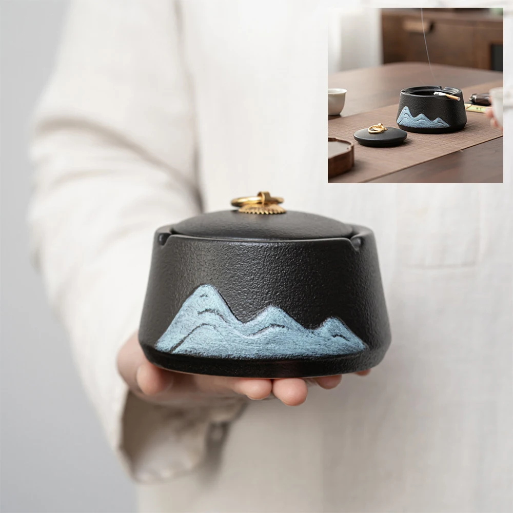 

Ceramic ashtray with lid portable storage jar for tobacco cigarettes Length 11.8cm Height 7.8cm