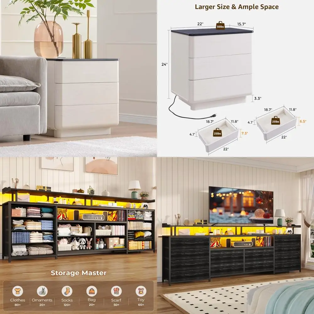 Large Curved Profile Wood Nightstand with Charging Station, Modern Bedside Table for Large Push-to-Open End Table Storage Soluti