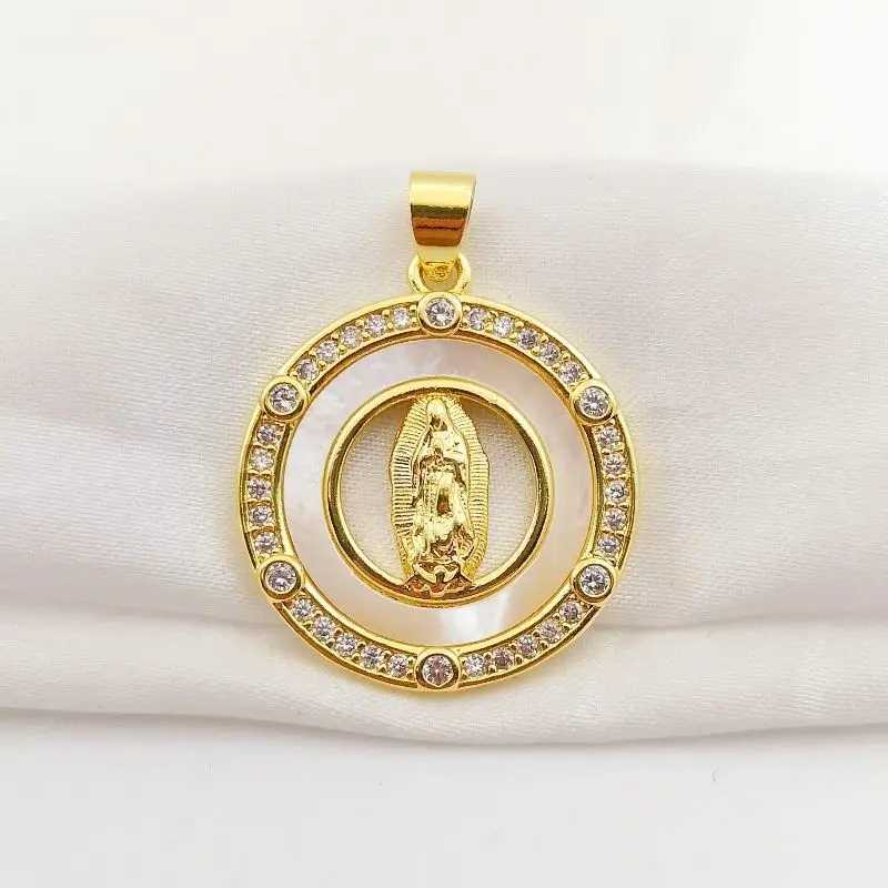 Dijes redondos de color dorado con chispas de la Virgen María Guadalupe Aparecida Virgen del Valle para collares, pulseras, pendientes, colgante hueco de Nuestra Señora, regalos para mujeres, accesorios de joyería DIY