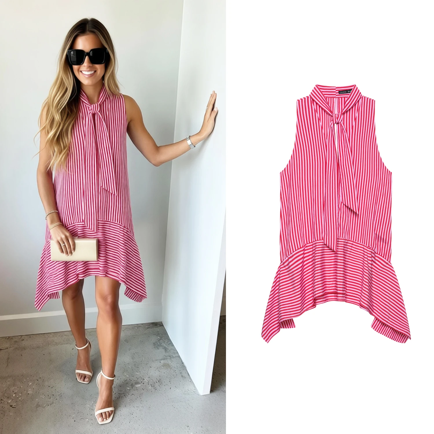 

Women's Pink Striped Dress Summer New Female Chic Bow Lace-Up Sleeveless Asymmetric Striped Short Dress Lady Street Mini Dress