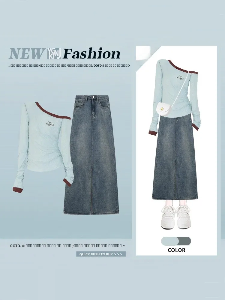 

Spring ort Sle Korean College Faion Slim Fit T-irt And Denim Skirt Two-Piece Set Women's Anti-Aging High-End Sensatio...