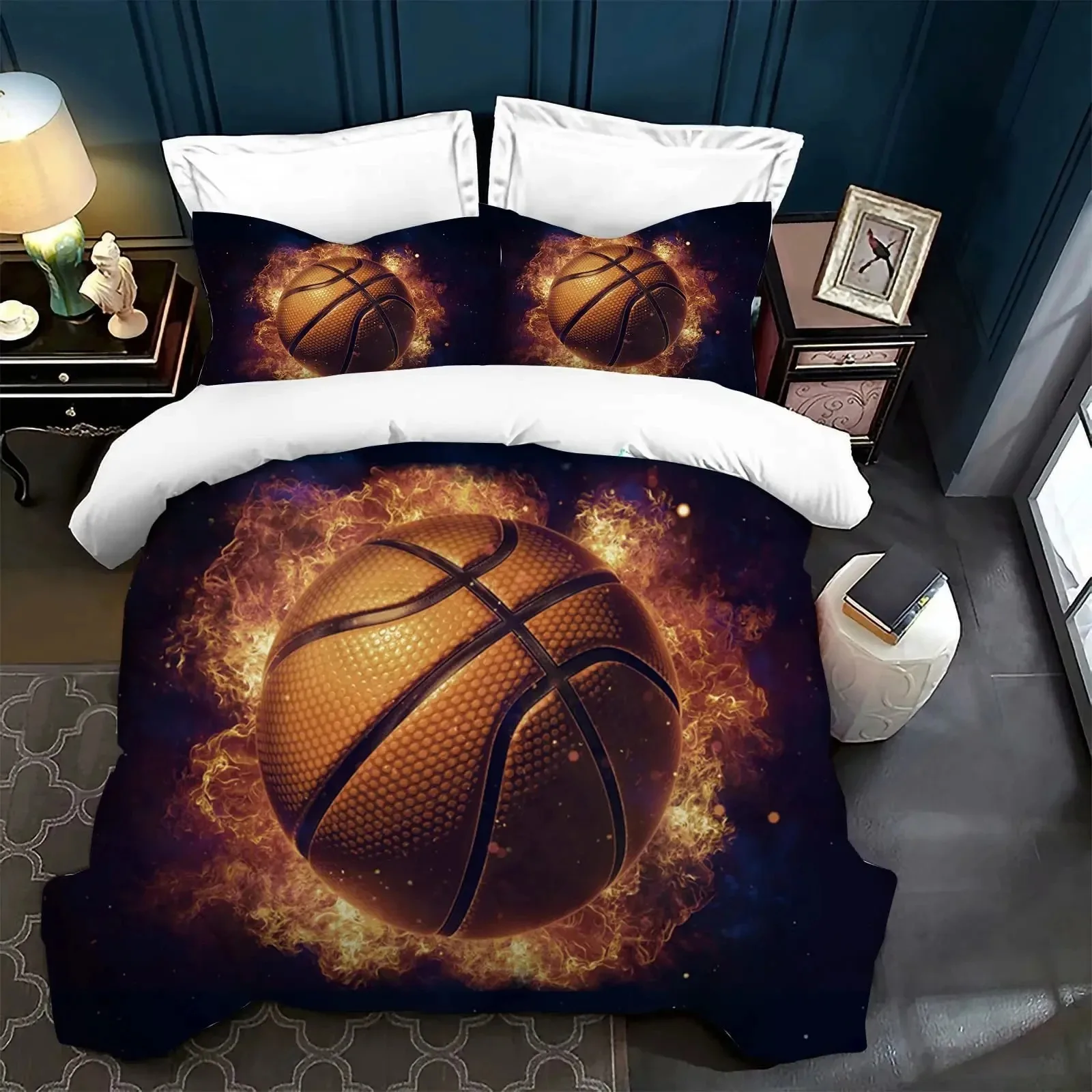 3D Basketball Duvet Cover King For Teen Boys Kids Fire Water Sports Bedding Set Microfiber Ball Game Quilt Cover With Pillowcase