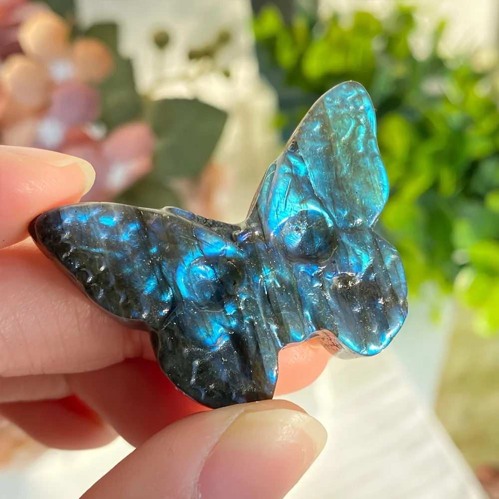 Labradorite Crystal Butterfly Skull Carving - Handcrafted Unique Design - Mystical Home Decor and Thoughtful Gift Idea