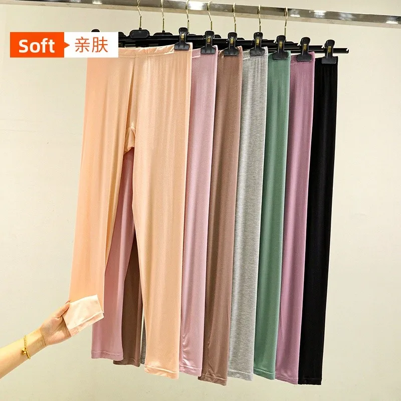 High Waist Thin Modal Leggings Women's Autumn Winter Warm Trousers Close-Fitting Long Pants Pure Color Base Layer Pants