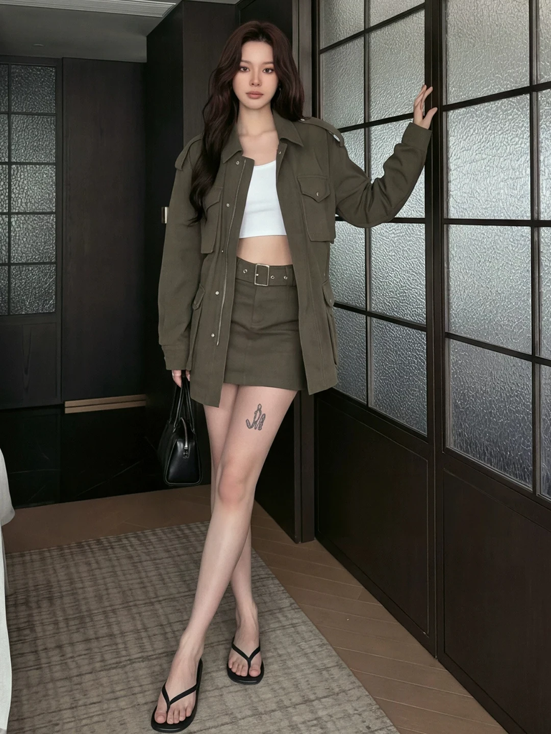 Retro American Workwear Jacket Set Women's Loose Outerwear Short Skirt Two-Piece Suit Casual Style Mid-Length Sleeve Zipper