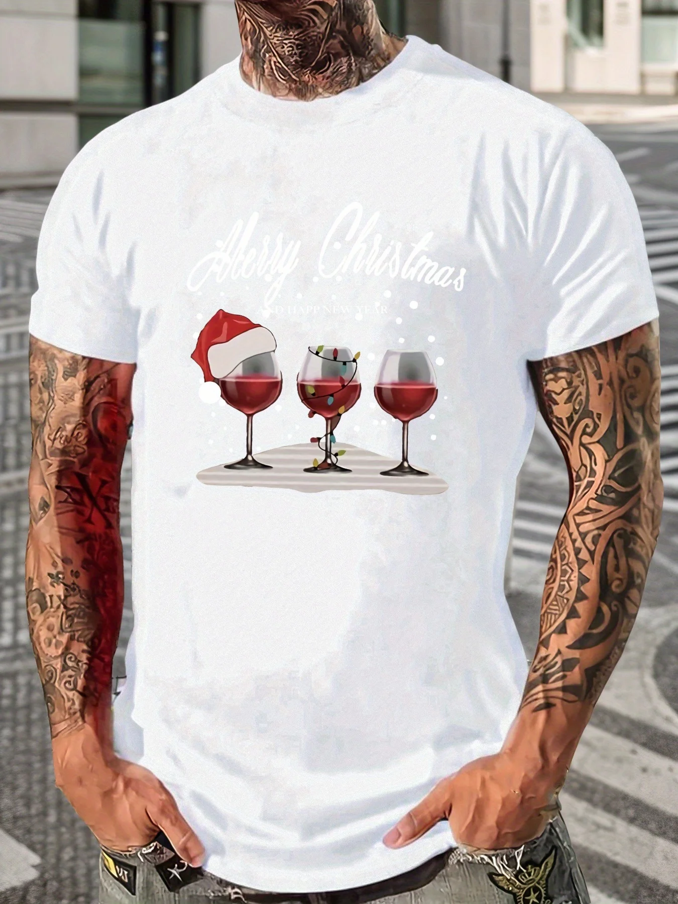 

Men's Merry Christmas Graphic T-Shirt - Black Santa Wine Glasses & Snowflakes Design, Lightweight Summer Casual Short Sleeve