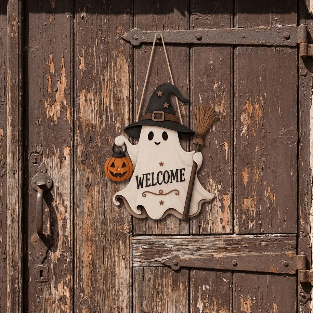 2D Flat Ghost Door Hanging Cartoon Pattern Rustic Style Ghost Witch Hat Doorplate White-Clad Ghost Theme Wooden Doorplate