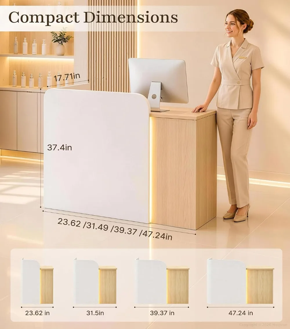 LED Reception Desk w/ Lockable Drawer, White Oak, 47.2