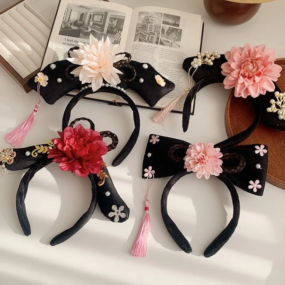 Clássico strass estilo antigo headwear pérola flor hanfu argola de cabelo pano antigo estilo chinês bandana headwear