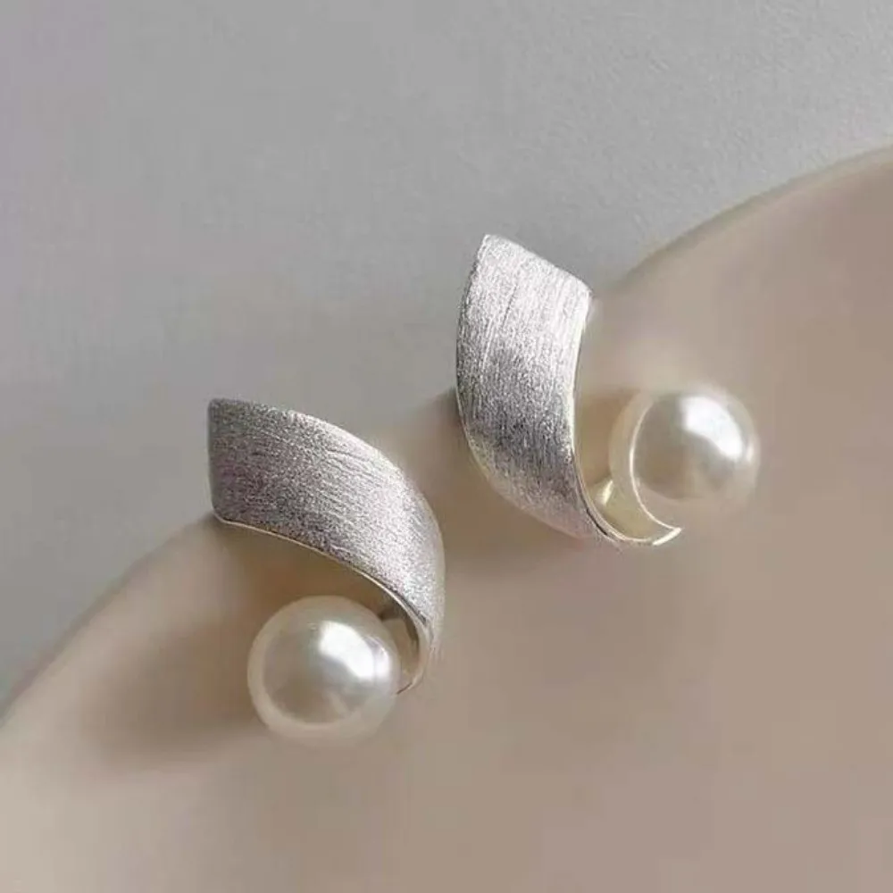 Faux Metal Silver Pearl Studs Hypoallergenic Lightweight Brushed Spiral Earrings Fine Craftsmanship Metallic Texture