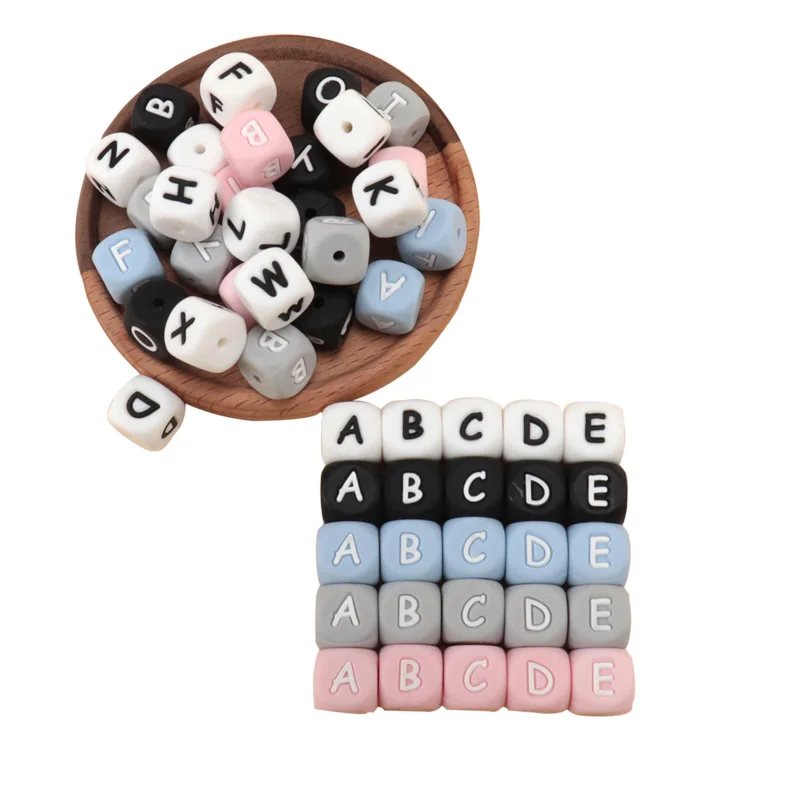 26 stücke Alphabet Silikon Perlen für Baby Schmuck Herstellung 12mm Würfel Perlen Armbänder Perle liefert Bulk Großhandel schwarz grau rosa