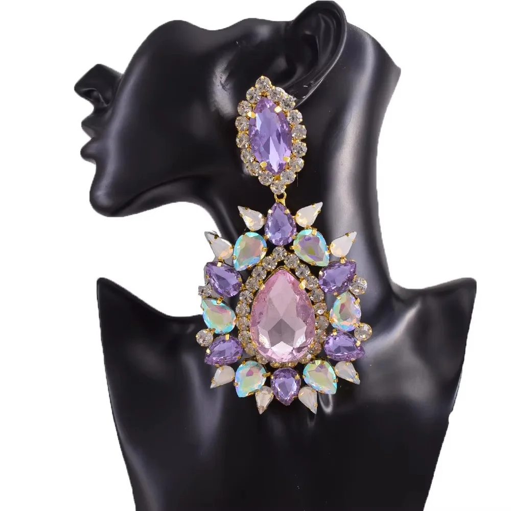 140g Weight Huge Earring Clip on14.5CM Elegant Purple Crystal Women Pink Drop  Fashion Jewelry for Beauty pageant Drag queen