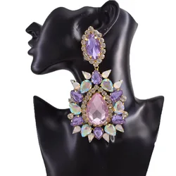 140g Weight Huge Earring Clip on14.5CM Elegant Purple Crystal Women Pink Drop  Fashion Jewelry for Beauty pageant Drag queen