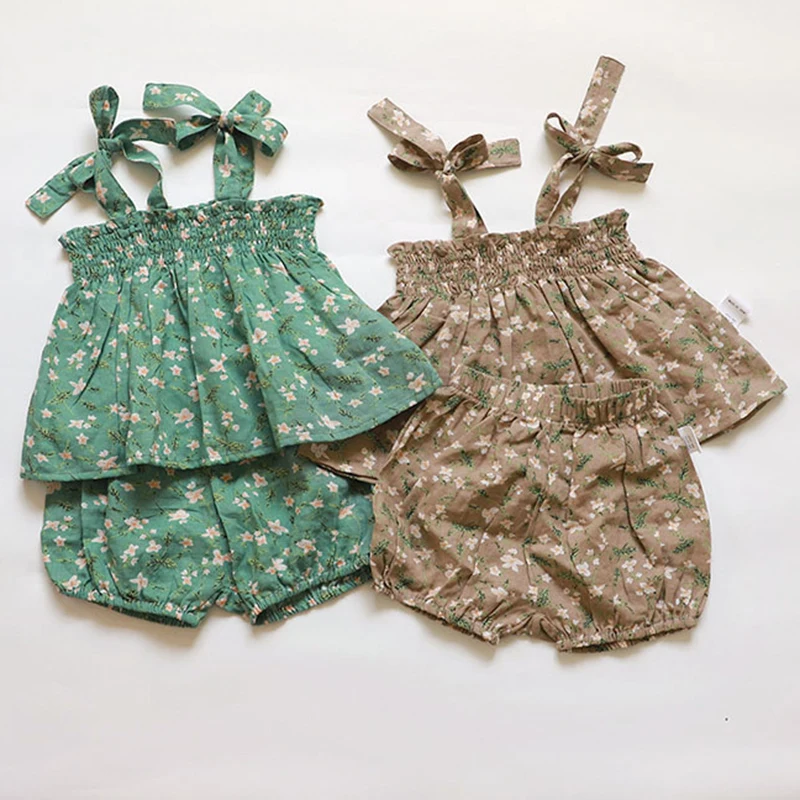 

New Baby Girls Clothing Sets Summer Toddler Baby Girls Suit Suspender Flower Shirt +PP Shorts Baby Girls Clothes Princess Suits