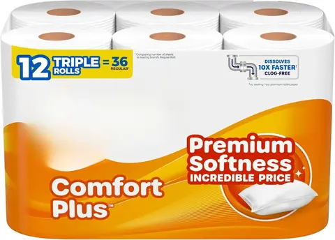 BLUE-ComfortPlus 1-Ply Bath Toilet Paper, 12 Triple Rolls Equal to 36 Regular Rolls, 231 Sheets per Roll, Rapidly Dissolving Septic-Safe Tissue, Durable Disposable Bathroom Toilet Tissue for Household, RV and Septic Plumbing Systems