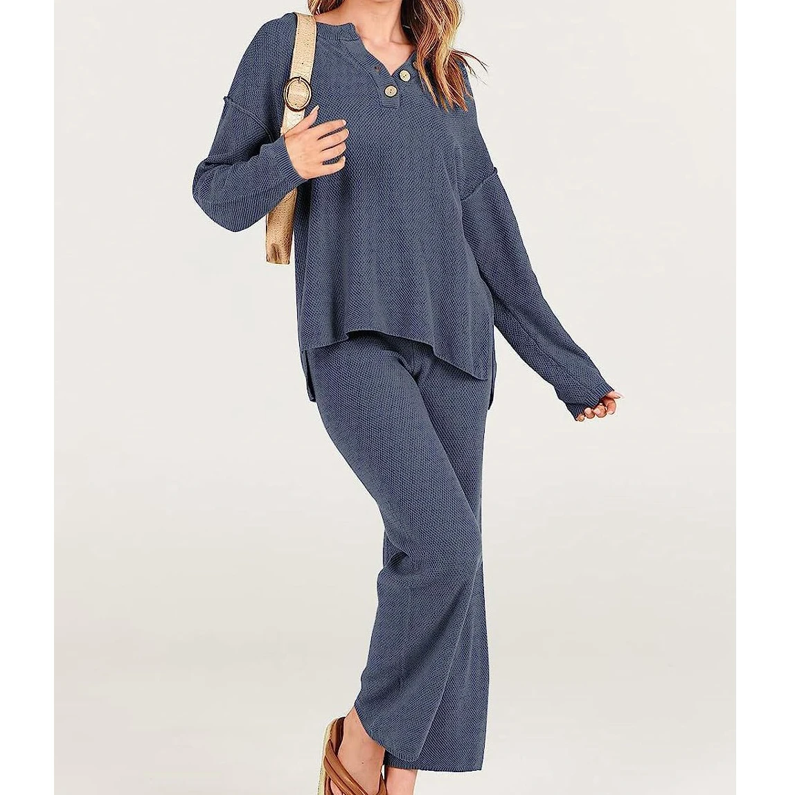 2024 2Pcs Women Loose Casual Homewear Long Sleeve Pajamas Leisure V-neck Sleepwear Soild Nightwear Knitted Pant Set Plus Size