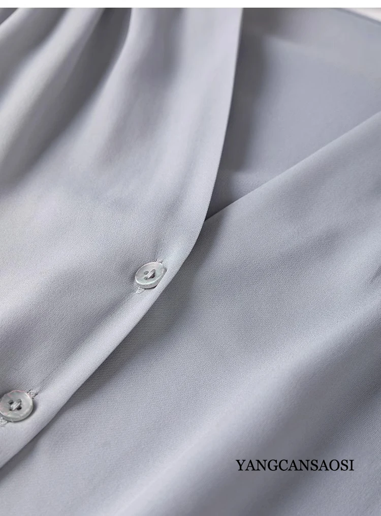 Original Design Smoke Blue Natural Mulberry Silk Single Wear Double Layered V-neck Women's Fashion Single Breasted Shirt