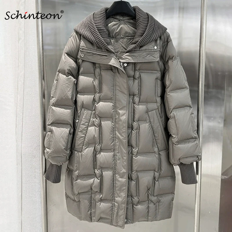 Schinteon Women White Duck Down Jacket with Knitted Removable Hood Autumn Winter Warm Casual Loose Over Size Outwear 2025 New