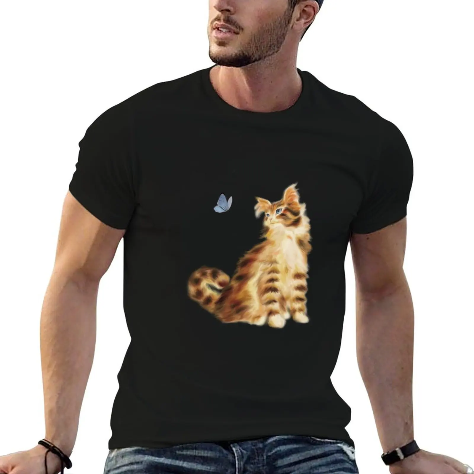 

The cat and the blue butterfly T-Shirt man t shirts graphic anime tshirt T-Shirt