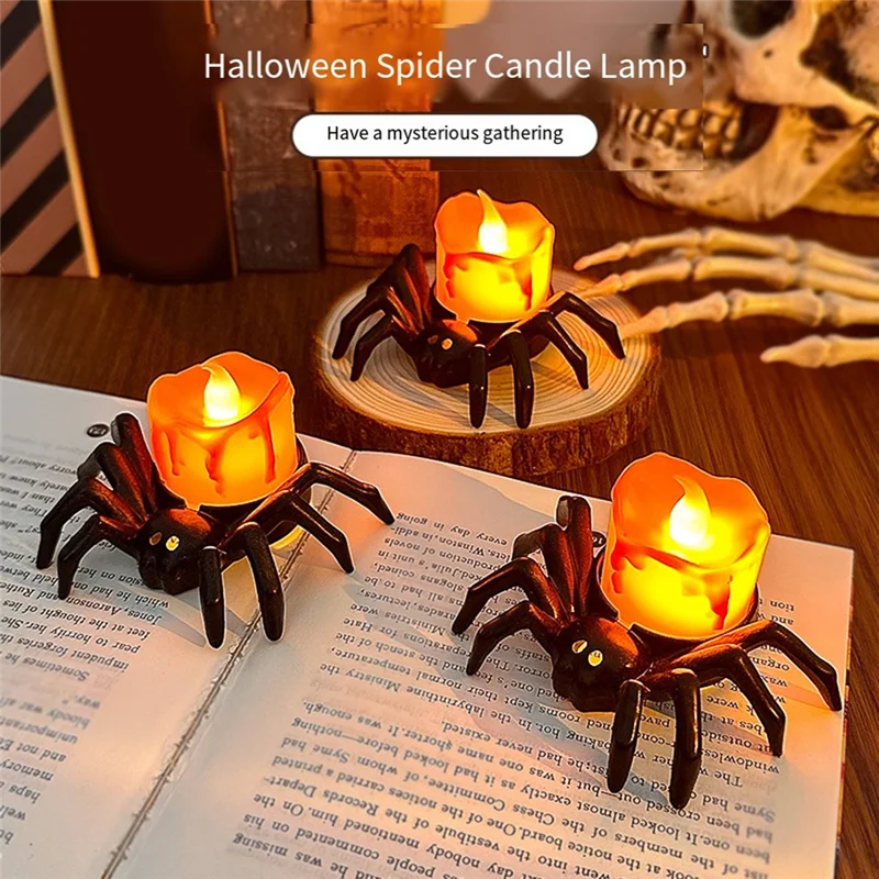 ABRE-12 Pack Halloween Spider Tea Lights Candles Battery Operated LED Flameless Spider Candles Lights For Party Table Decor