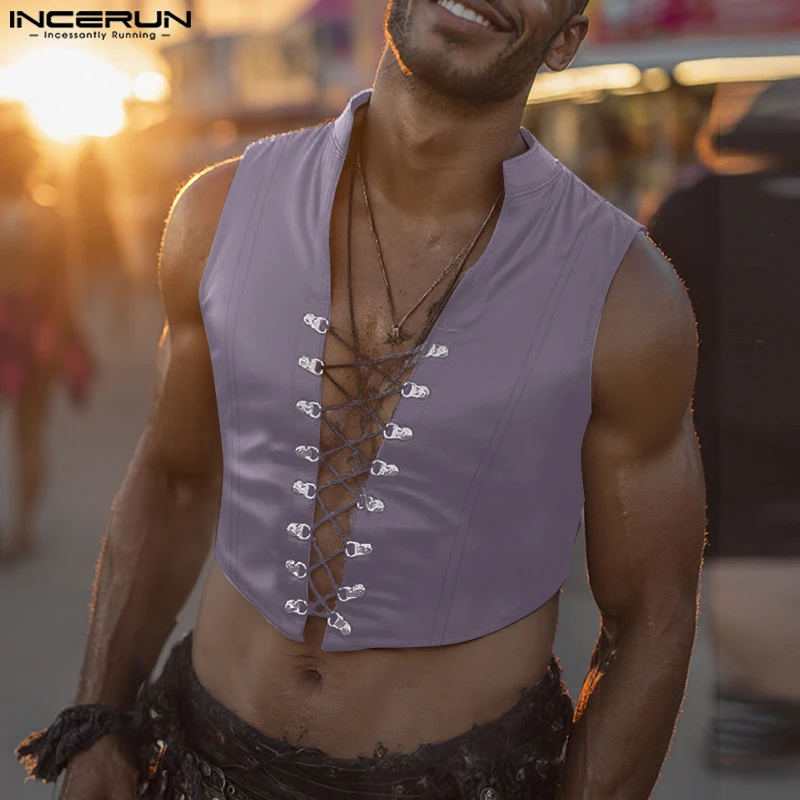 

INCERUN Men Vests Solid Color Lace Up PU Leather Sleeveless Casual Male Waistcoats Streetwear 2025 Fashion Crop Tops Vests S-3XL