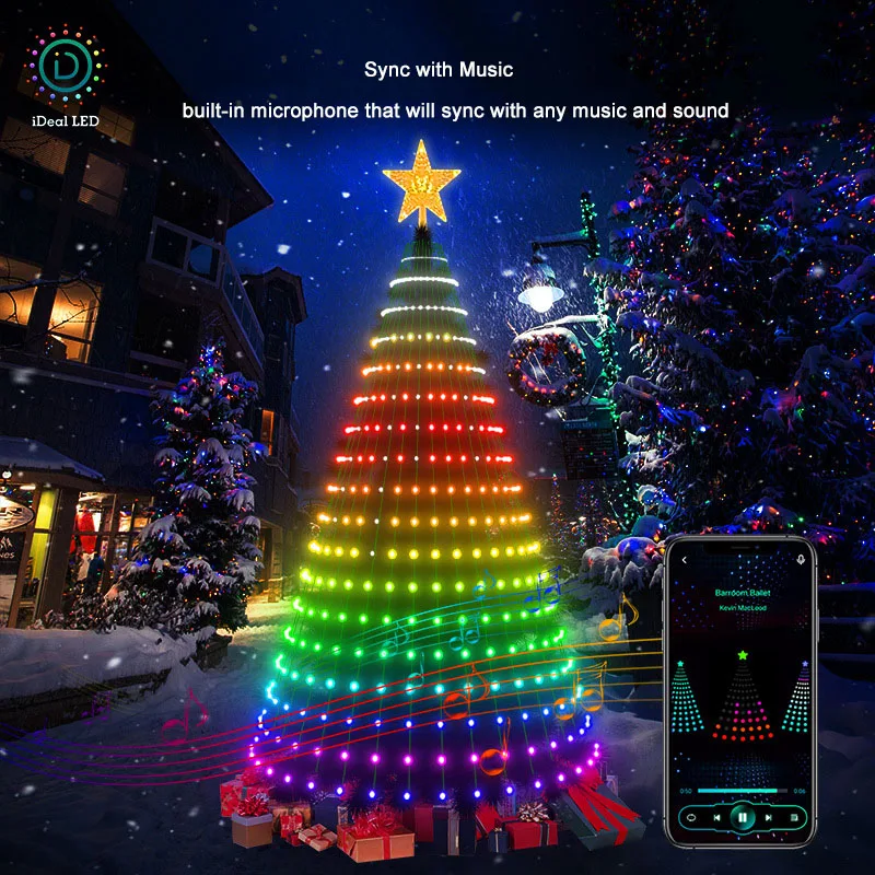 Luzes de árvore ornamentais de natal inteligentes app sincronização de música à prova dwaterproof água interior ao ar livre corda decoração de natal