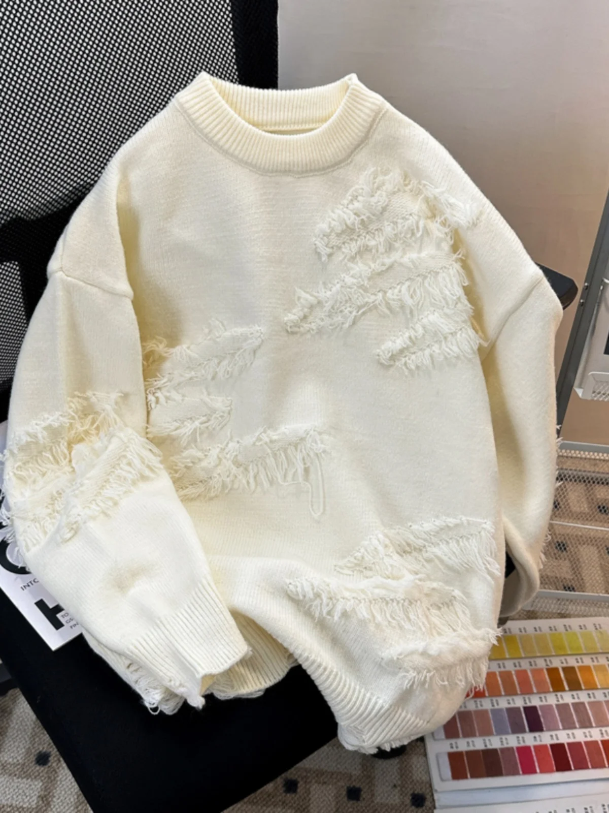 

Модный свободный свитер с круглым вырезом и эффектом потертости, вязаный, осенне-зимний, молодежный, повседневный