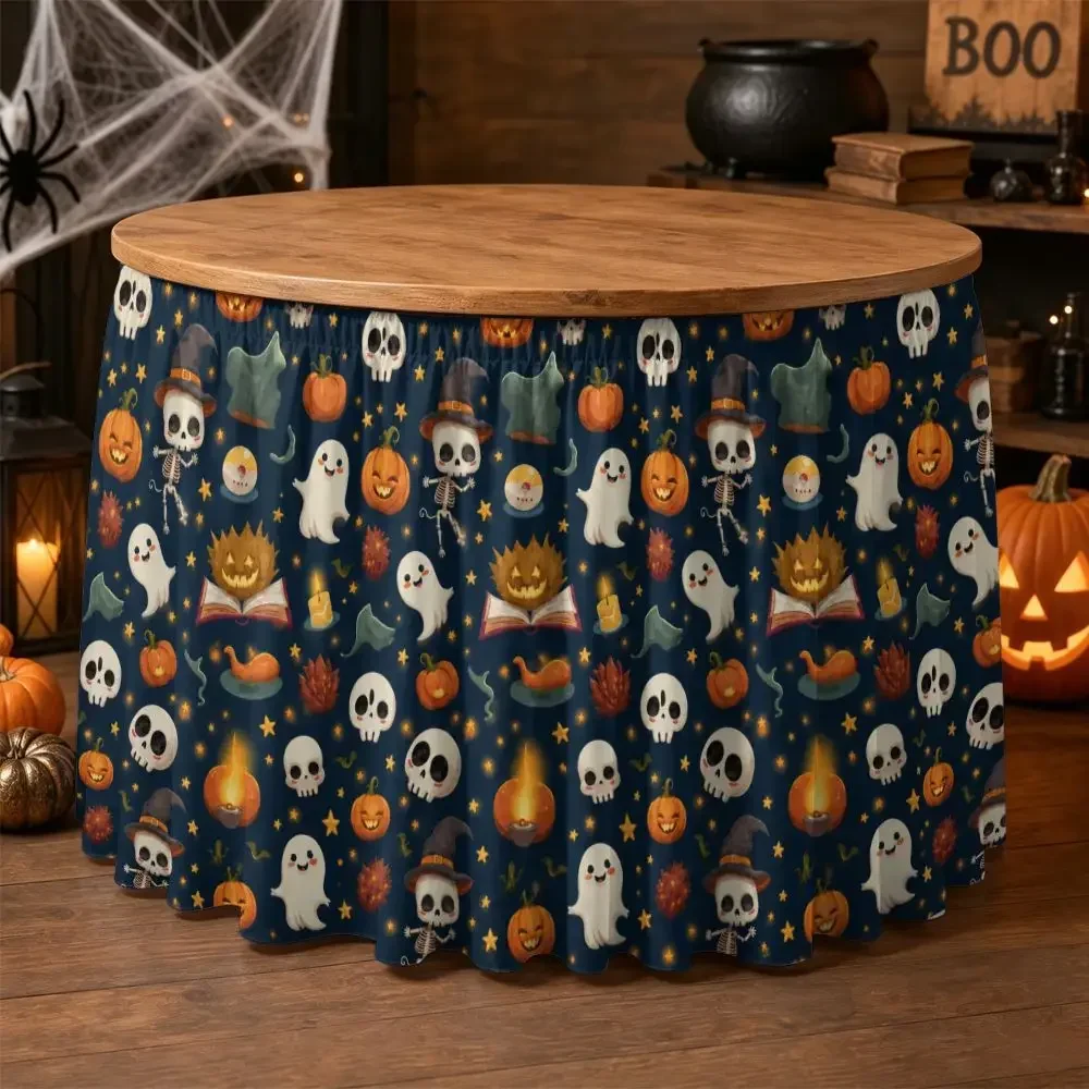 One Halloween tablecloth, 2D flat design with Halloween skull, ghost and pumpkin patterns printed on it