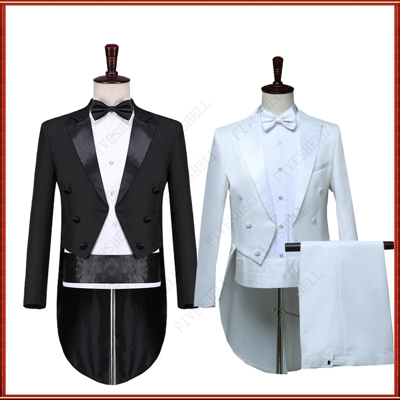 2023 Man's Tuxedo Suit Classic Black White Stage Costumes medieval Magician Gentleman Singer Musician 4Piece Coat Pants Suits