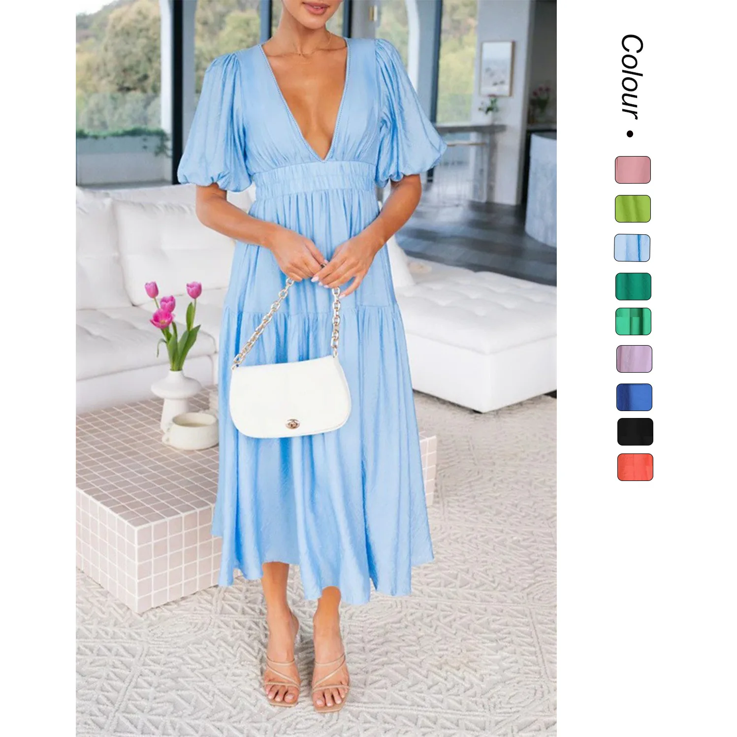 

Women's casual fashion trend summer V-neck waist mid-length dress