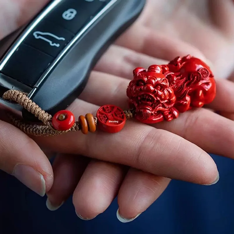 Chinese Style Handmade Carved Lucky Cinnabar Pixiu Keychain Auspicious Wealth Attract Good Fortune Amulet Unisex Blessing Gift