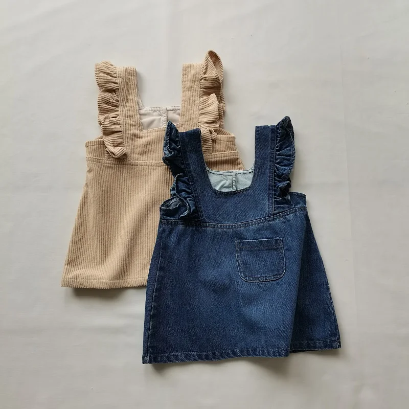 2024 Summer Baby Dress denim camisole girl princess dress 0-6 years old cute solid color corduroy girl shoulder dress