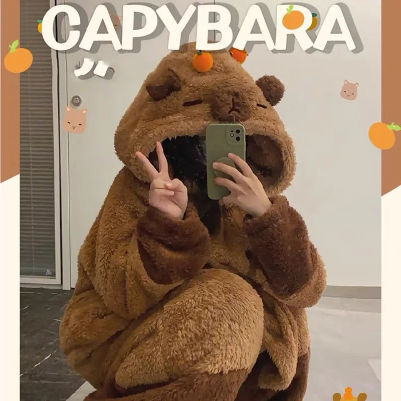 Hot selling plush winter capybara role-playing costumes long robes for adults KigurumiOnesie anime pajamas Halloween cartoon