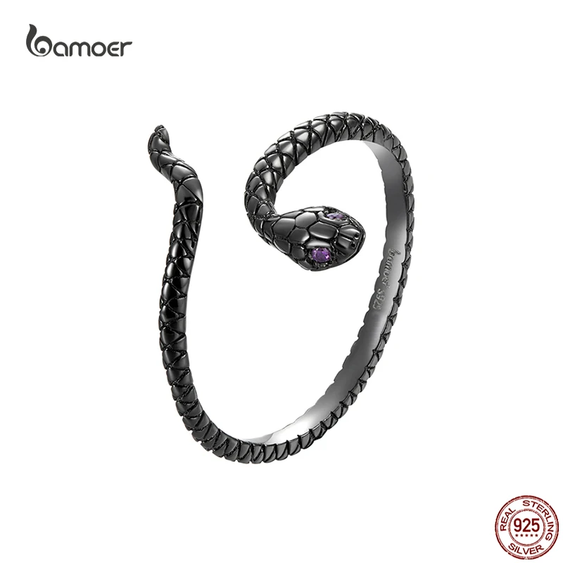 Bamoer 925 Sterling Silver Original Snake Rings Black Lucky Opening for Women Anniversary Fine Jewelry Gifts Year of the Snake