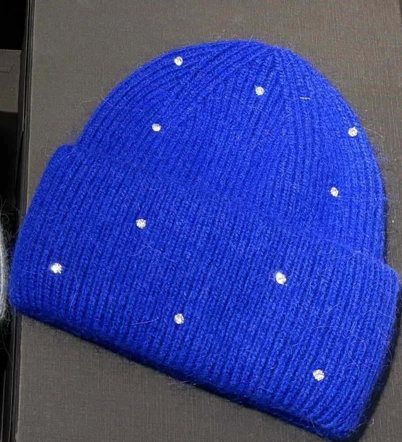 1 Stück Neue Winter-Strickmütze mit Strass, Modische und Warme Kaninchenfell-Ohrenschutzmütze, Doppelt Gefaltete Mütze – Detail 11