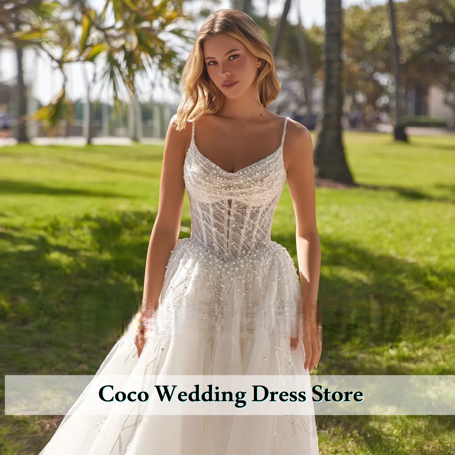 Customized Elegant Pearls Lace Thin Shoulder Straps Sweetheart Neck Zipper Tulle A-Line Bridal Wedding Dress Vestido De Novia