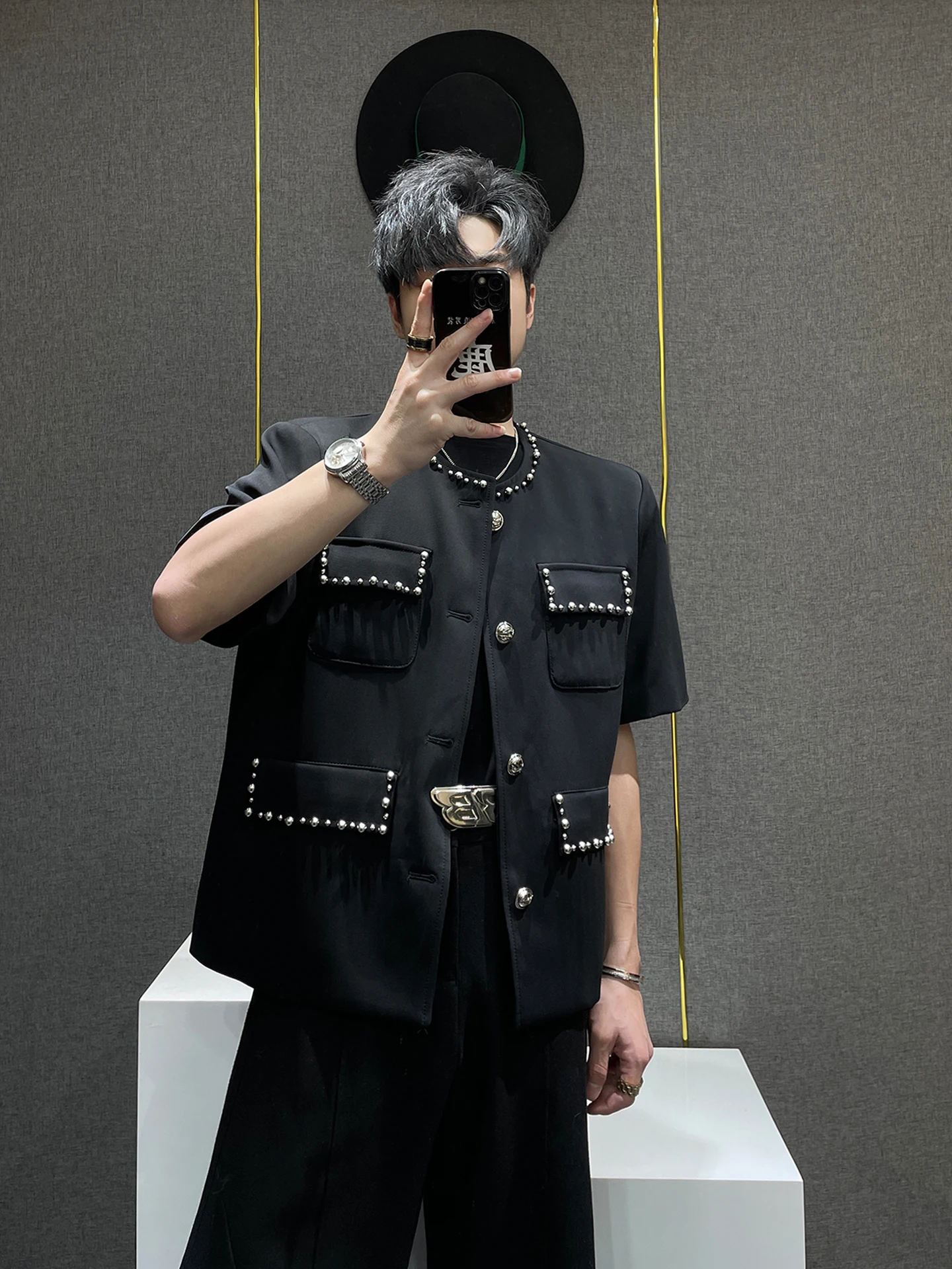 

Heavy Embellished Short Sleeve Jacket Men's Summer Fashion Brand Handsome Short Style Pearl Button round Neck Polyester Fabric