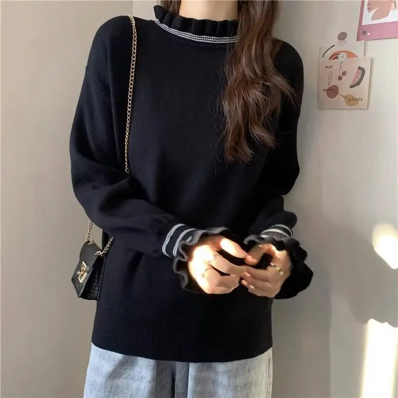 

Black Ear Base Knit Sweater for Autumn New Fashionable Half-turtleneck Women Thickened Flared Sleeves