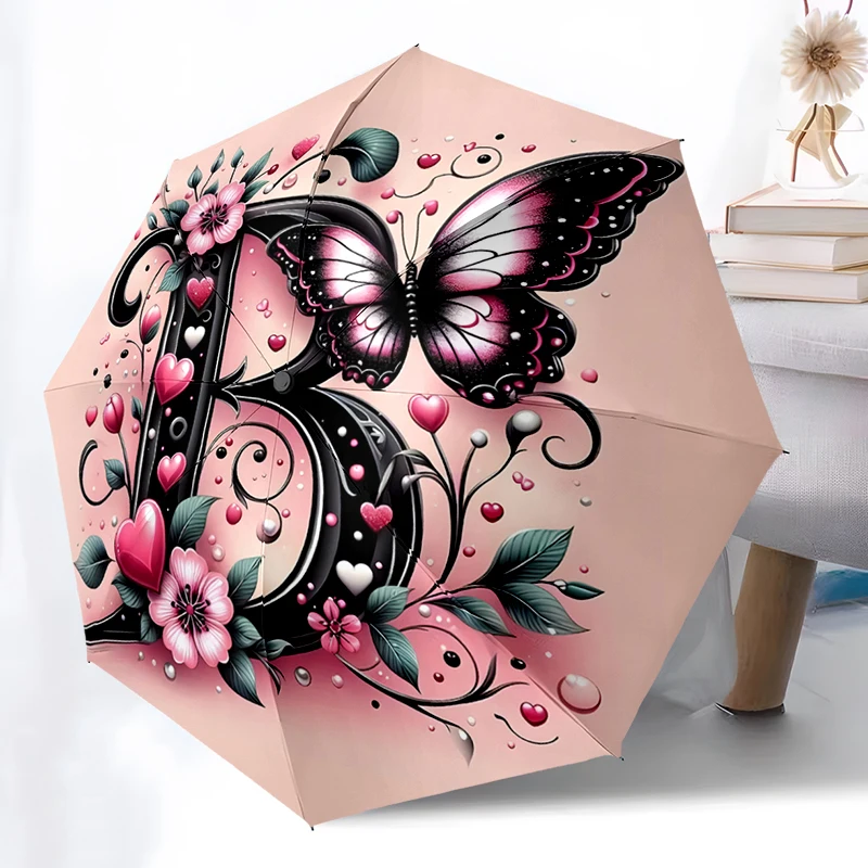 Pink A-J Letters Theme Folding Umbrella - Fashionable Auto-Open Design 8 Iron Ribs Plastic Handle Foldable Sunshade，Perfect Gift