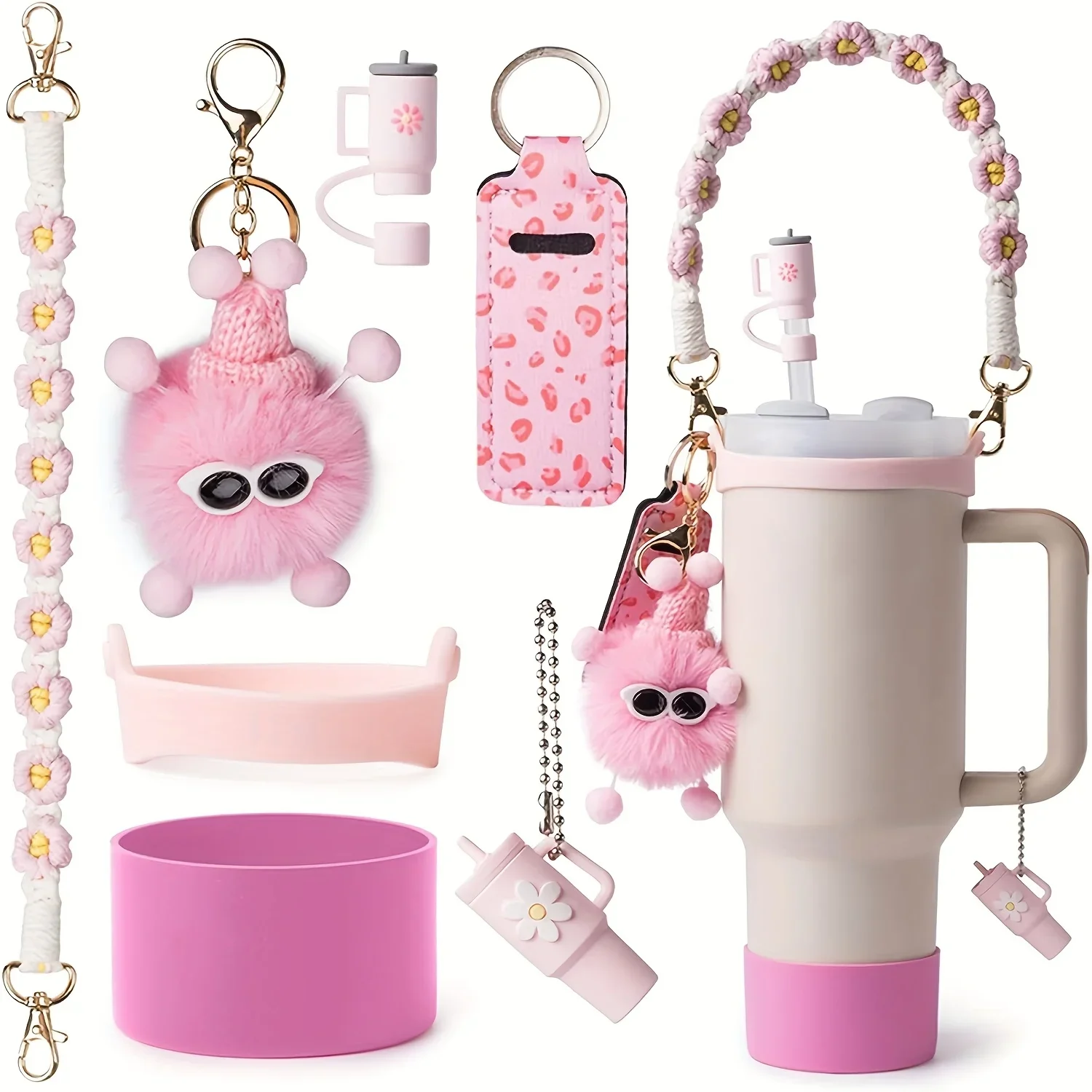 

7pcs Cup Accessories for 40&30oz Tumbler with Handle With 10mm Straw Cover Water Bottle Handle Strap Lipstick Holder Wood lid