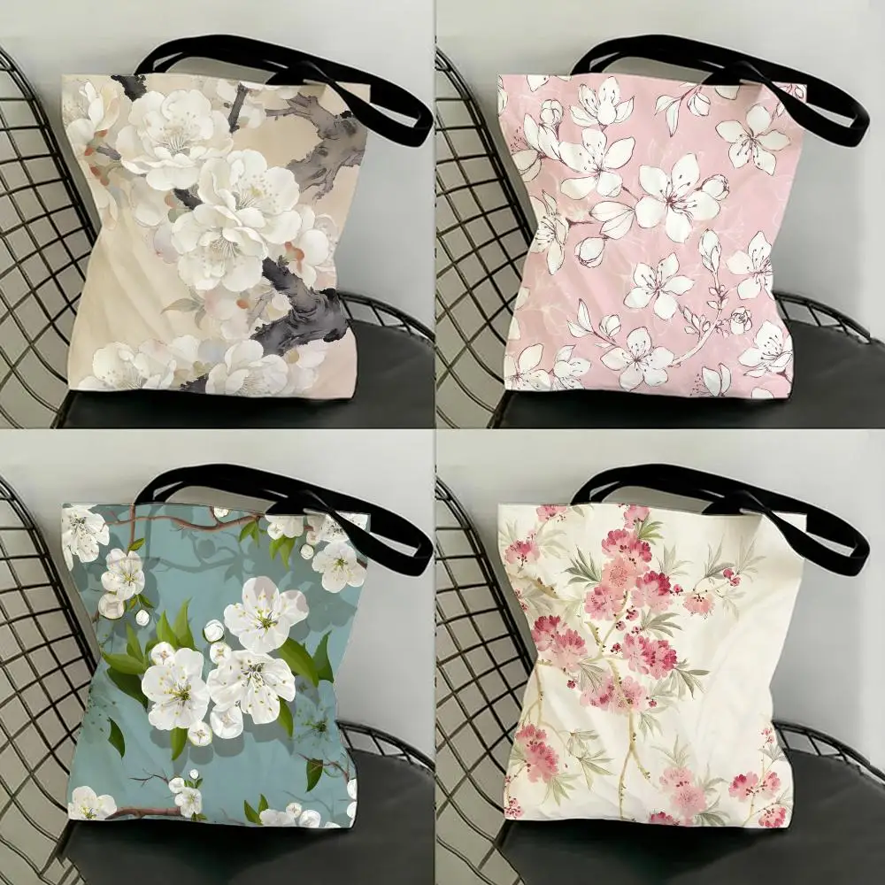 Delicate Fragrant Pear Apricot Blossoms Storage Bags Shopping Bags Series Print Bags Lightweight Shoulder Bag For Daily Use