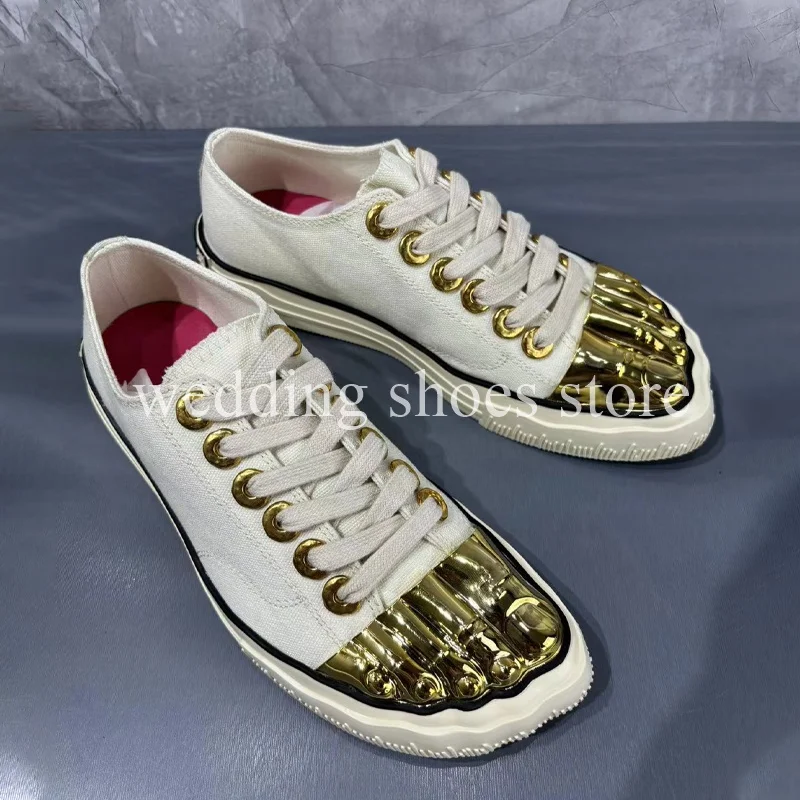 New Arrival Gold Five-toed White Casual Canvas Shoes for Women Lace-Up Low Top Shoes Breathable New Style 2024 Flat Lovers Shoes